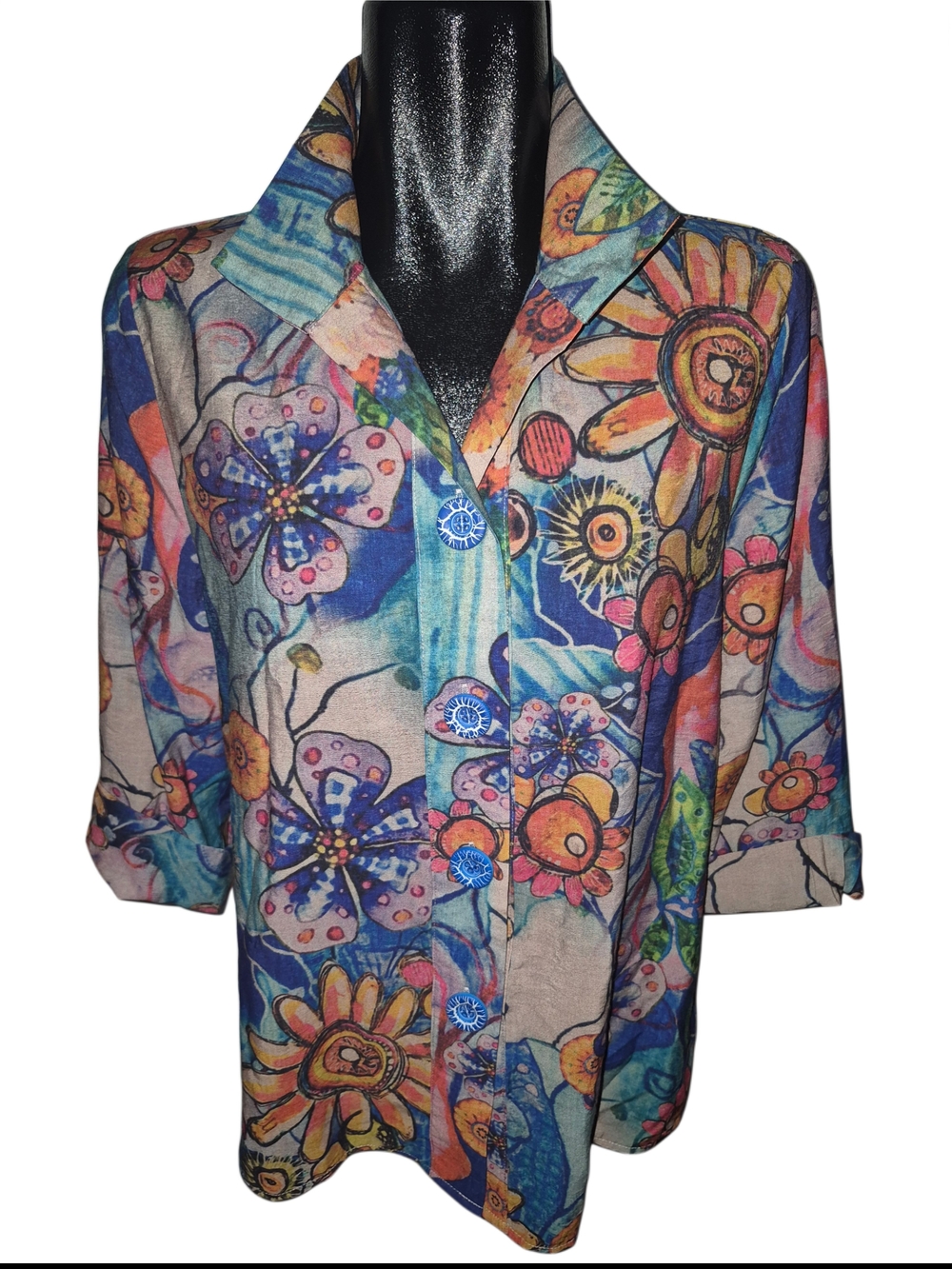 Variations Colorful Floral Abstract Button-Up Quarter Sleeve Women's Blouse M